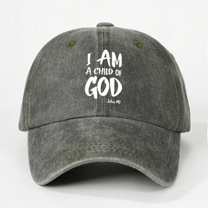 Washed dark grey baseball cap featuring I Am A Child Of God print and vintage dad hat style