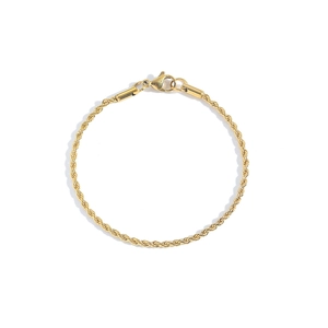 Detail of a 18K gold plated stainless steel twist rope chain bracelet with lobster clasp