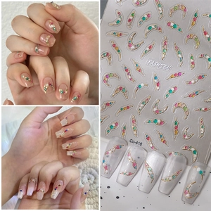 Colorful gemstone style embossed nail stickers with wave lines and gold trim for DIY manicure