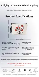 Detailed size specifications for the floral fine linen cosmetic bag, 25x17cm dimension