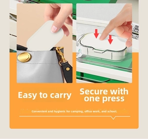 Close-up showing a compact white pill box being pressed to open and placed into a bag