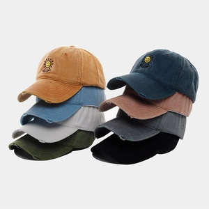Vintage washed cotton baseball caps with Sunshine smile embroidery in multiple colors