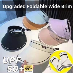 UPF 50+ wide brim sun visor detail with foldable design and UV protection labeling