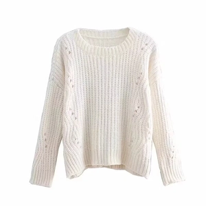 Chunky cable knit chenille sweater in cream white with diamond cutouts and round neck