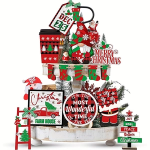 Christmas tiered tray decor set with wooden gnome, mini tree, and festive farm signs