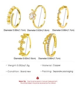 Detailed view of five-piece gold copper ring set with opal and pearl accents