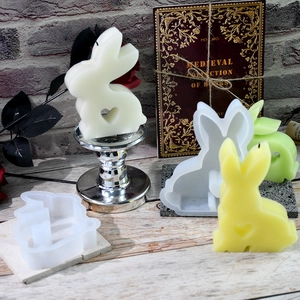 Detail of bunny silicone mold with heart-shaped cutout for Easter DIY resin and candle art