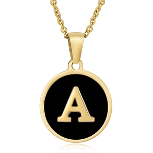 18K gold plated stainless steel necklace with black shell round letter A pendant