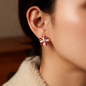 Elegant 18k gold plated firework flower earrings with red enamel and white zircon stones