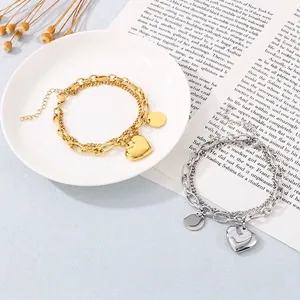 Double Layer Stainless Steel Bracelet For Women With Heart And Round Disc Pendants 18K Gold Plated Trendy Jewelry