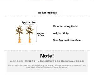 Detailed spec sheet of vintage gold metal flower earrings with amber resin drop pendants