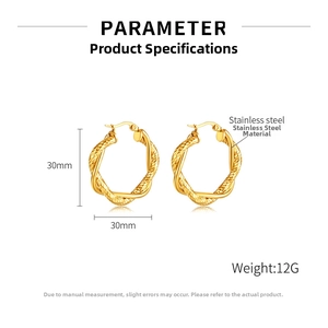 Detailed specs of 30mm golden stainless steel twisted hoop earrings with 12g weight