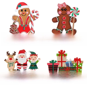 Set of four wooden Christmas gingerbread and Santa desktop ornaments for holiday decoration