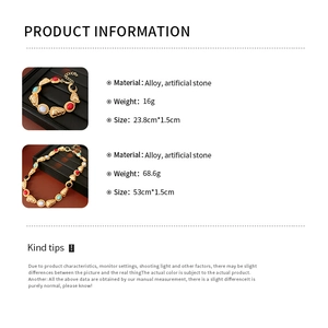 Detailed size specifications for vintage beaded necklace and bracelet set in gold alloy