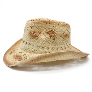 Classic straw cowboy hat with hollow weave and wide brim for sun protection outdoors