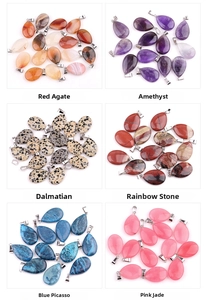 Detailed grid of 16x24mm teardrop stone pendants in agate, amethyst and jasper