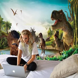 Detail of a large dinosaur tapestry with T-Rex and jungle scenery for dorm wall decor