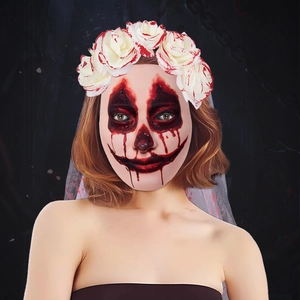 Creepy ghost bride Halloween mask with white roses and realistic red blood splatter