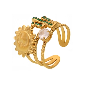 Gold multi-layer open ring featuring cactus with green zircon and sun flower motif