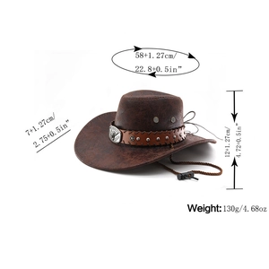 Brown western cowboy hat with bull head rivet and adjustable wind rope showing dimensions