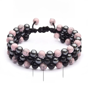 8mm pink turquoise and hematite triple protection beaded bracelet with adjustable cord