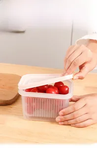 Detail of pink double-layer food storage box showing drain basket with cherry tomatoes