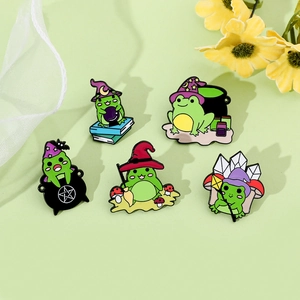 Set of 5 cartoon green frog enamel pins with magical wizard hats and crystal accessories