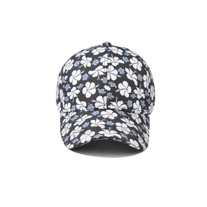 Cotton baseball cap with blue hibiscus floral print and curved brim for summer