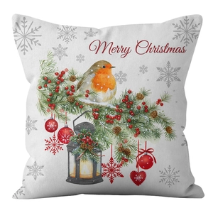 Christmas linen pillowcase with watercolor robin and lantern, featuring Merry Christmas text