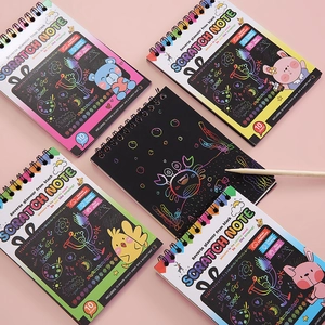 Creative 4-pack children's scratch art notebooks with colorful rainbow sheets and stylus