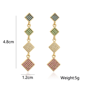 Detail view of 18K gold geometric earrings with colorful zircons and size specifications