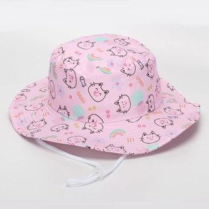 Chapeau bob rose pour enfants avec motifs de chats et cordon de serrage ajustable