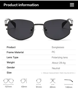 Detailed size chart for retro diamond metal sunglasses showing lens width and arm length