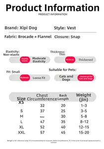 Detailed sizing chart and specifications for festive Chinese style pet vest for small dogs