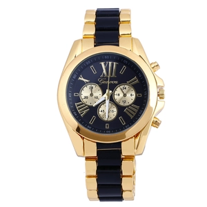 Detailed close-up of a two-tone Geneva men's watch with gold-tone casing and roman numerals