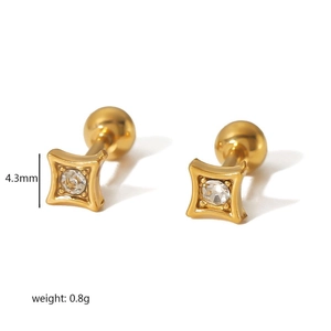 Minimalist square 18K gold plated stainless steel stud earrings with clear crystal stones
