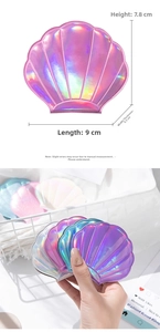 Detailed dimensions of a holographic seashell coin purse with iridescent PU leather texture