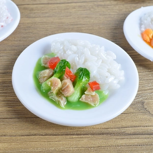 Realistic 1:12 scale PVC miniature food model with rice and stir-fry on white plate