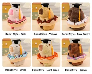 Detailed grid showing six capybara plushies wearing graduation caps and colorful donuts