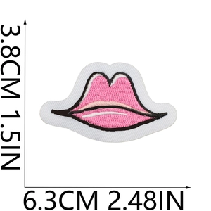 Pink lips embroidered patch with dimensions 6.3cm width and 3.8cm height for clothing