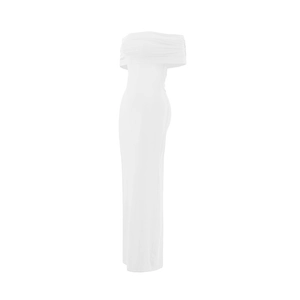 Detailed view of white off-shoulder maxi dress featuring ruched design and bodycon fit