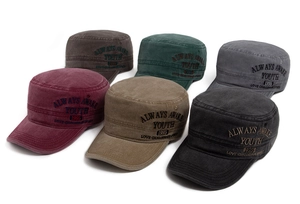 Collection of vintage washed cotton army caps in six colors with side embroidery detail