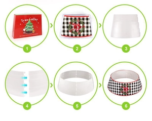 Step-by-step assembly guide for a Joy embroidered buffalo plaid Christmas tree collar kit