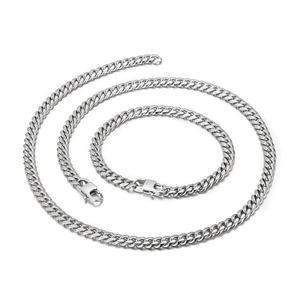 Polished silver cuban link chain set including necklace and bracelet with lobster clasp