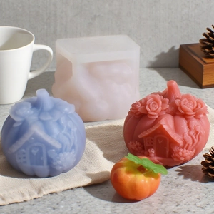 3D pumpkin house silicone mold with embossed roses for DIY candles and plaster crafts