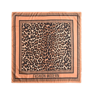 70cm square faux silk scarf with orange leopard print and Fashion Modern text