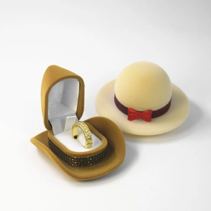 Detailed view of creative denim hat jewelry boxes for rings in brown and beige colors