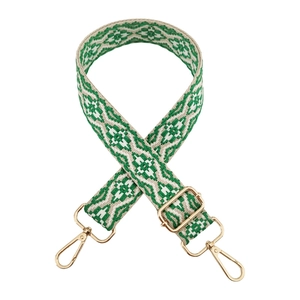 Detail of adjustable green geometric jacquard bag strap with polished gold metal clasps