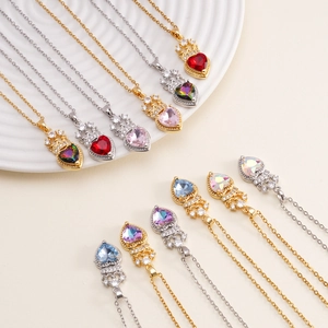 Colorful heart crown necklaces with zircon pendants on gold and silver plated chains