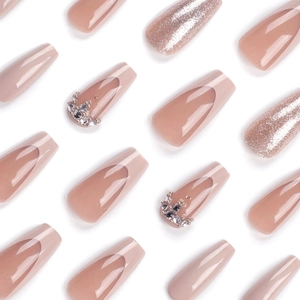 French glitter press-on nails set with long coffin shape and rhinestone embellishments
